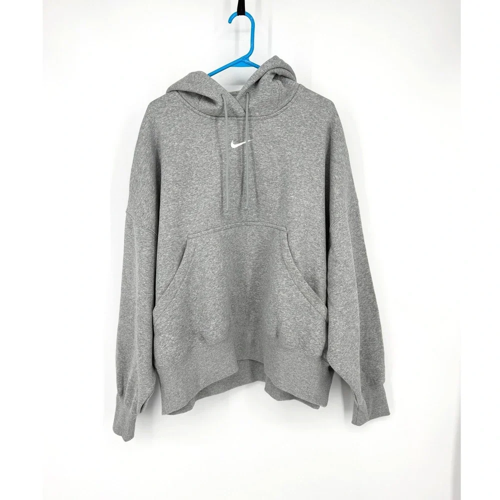 Nike Women Oversized Fleece Hoodie Dark Grey Heather Center Swoosh DQ5858-063 XL